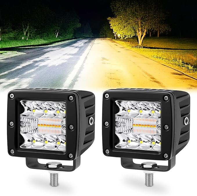 4 Inch 60W LED Pod Lights, 6 Modes Amber White Dual Color Strobe Cube LED Auxiliary Driving Offroad Light Bar Spot Flood Combo Flashing Shooter Fog Lights Pod for Tucks ATV UTV Jeep Boat