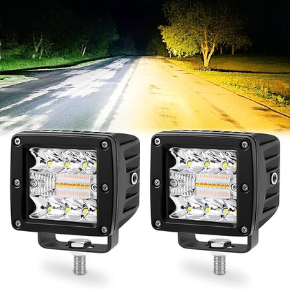 4 Inch 60W LED Pod Lights, 6 Modes Amber White Dual Color Strobe Cube LED Auxiliary Driving Offroad Light Bar Spot Flood Combo Flashing Shooter Fog Lights Pod for Tucks ATV UTV Jeep Boat