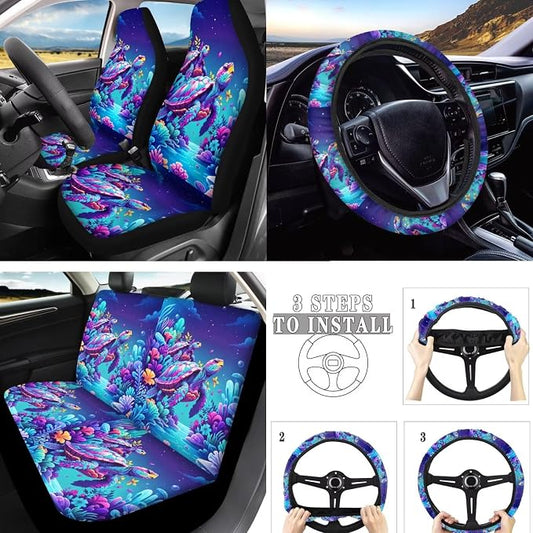 Trippy Sea Turtle Car Accessories Full Set, Colorful Underwater World Front Rear Seat Cover Coral Reef Turtle Matching Steering Wheel Cover Seatbelt Pads Cup Mat Keychain
