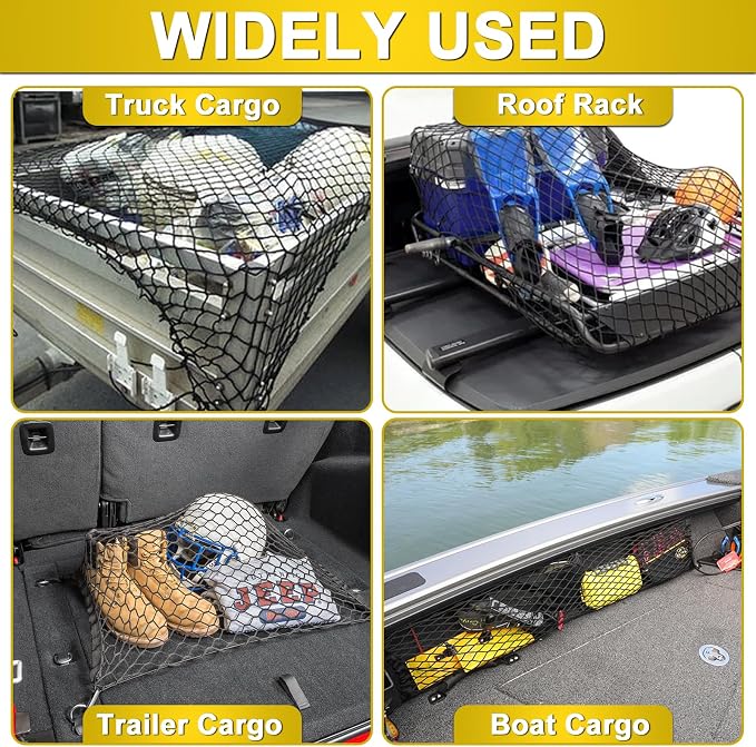 5’x7’ Truck Cargo Net Expands to 9' x 12' with 4"x4" Mesh Grid Super Duty Bungee Heavy Duty Bed Netting for Truck Bed Stretches with 12 Adjustable Metal Carabiners by Cenipar