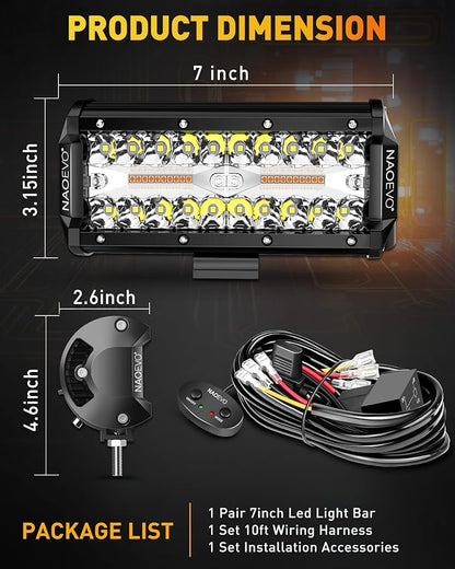 NAOEVO 7 Inch LED Light Bar, White Amber Offroad Fog/Driving Lights LED Pods with Strobe/Memory Function, 2 Leads Wiring Harness Included, Work for Truck Boat ATV UTV, 2-Pack (6 Modes)