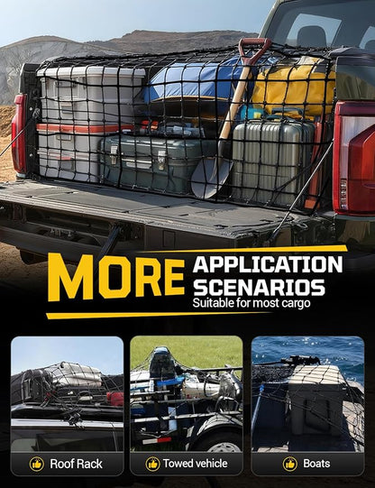 AUTOWN Cargo Net for Pickup Truck Bed - Stretchable 5' x 7' to 10' x 14' with 4" x 4" Mesh, Heavy Duty 10mm Cord Bungee Bed Netting with 12 Metal Carabiners - Ideal for ATV, SUV, UTV and Truck