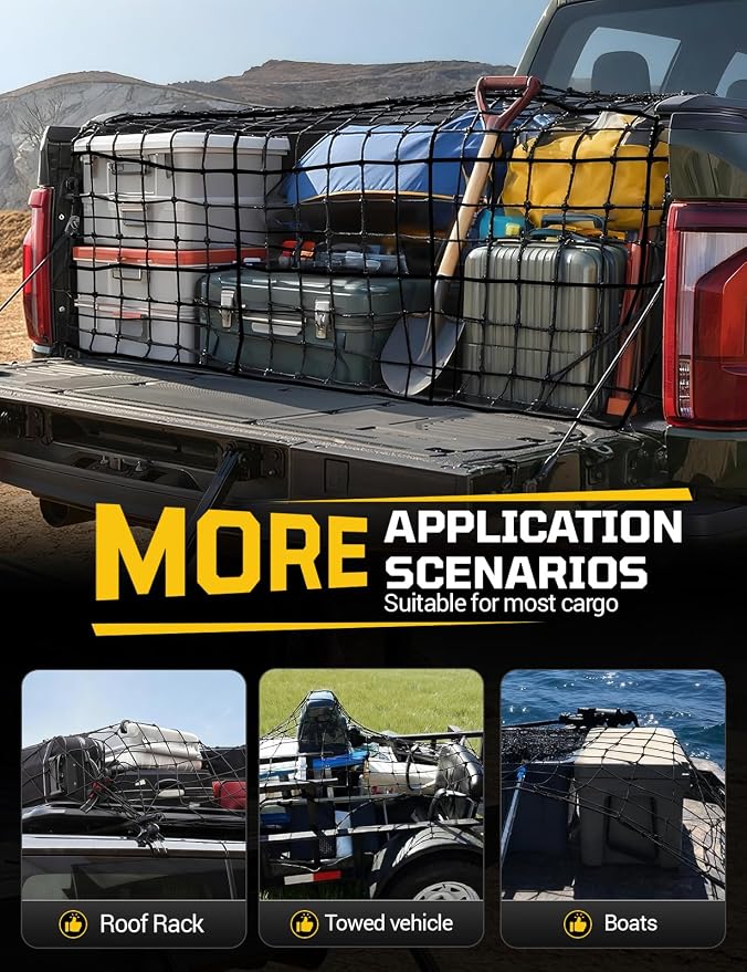 AUTOWN Cargo Net for Pickup Truck Bed - Stretchable 4' x 6' to 8' x 12' with 4" x 4" Mesh, Heavy Duty 10mm Cord Bungee Bed Netting with 12 Metal Carabiners - Ideal for ATV, SUV, UTV and Truck