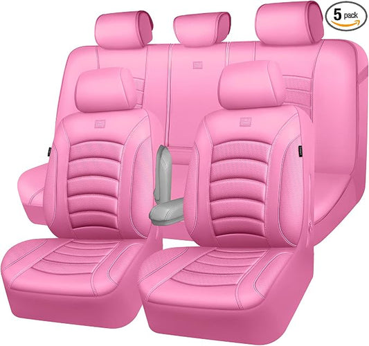 CAR PASS 3D Foam PU Leather Car Seat Covers, Universal Seat Covers Full Sets for Trucks SUV Sedan Automotive Seat Covers Armrest Airbag Compatible Waterproof Comfortable Faux Nappa Leather All Pink
