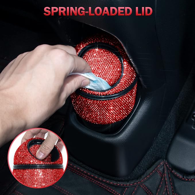 eing Car Trash Can Bling Crystal Auto Mini Trash Bin for Car Office Home Women,Car Cup Holder Garbage Can with Lid and 5 Pack Disposable Garbage Gag, Red