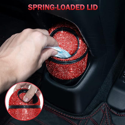eing Car Trash Can Bling Crystal Auto Mini Trash Bin for Car Office Home Women,Car Cup Holder Garbage Can with Lid and 5 Pack Disposable Garbage Gag, Red