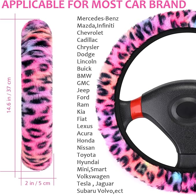 Accmor Fuzzy Car Steering Wheel Cover, Universal Fit Fluffy Auto Wheel Cover & Handbrake Cover & Gear Shift Cover Set, Leopard Print, Car Steering Wheel Cover Protector for Women Girls (Colorful)