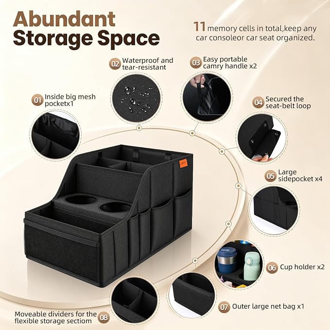 Car Seat Organizer Backseat and Passenger Seat Organizer with 9 Compartments 2 Cup Holders Car Organizer Front Seat Storage for Travel Kids，Black