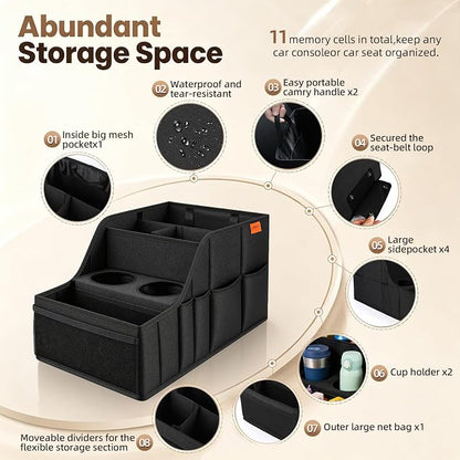Car Seat Organizer Backseat and Passenger Seat Organizer with 9 Compartments 2 Cup Holders Car Organizer Front Seat Storage for Travel Kids，Black