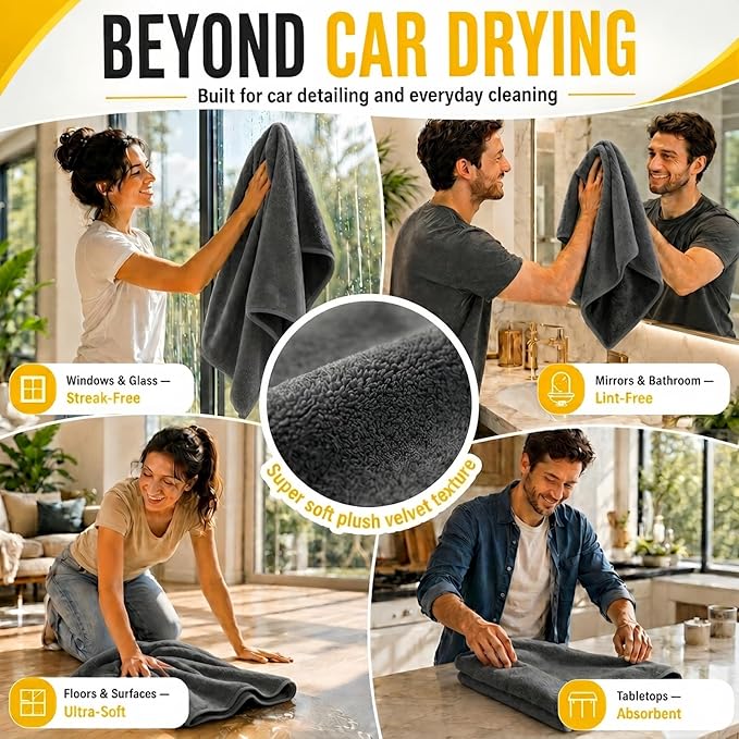 1400 GSM Car Drying Towels – XXL Microfiber Towels for Cars (48" x 24"), Ultra-Absorbent, Streak-Free, Scratch-Free, No Water Spots, Double-Twist Pile & Edgeless Design