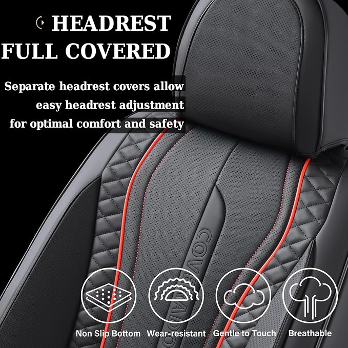 Coverado Car Seat Covers for Front Seat, Leather Seat Covers for Cars, Front Seat Covers, Waterproof Car Seat Protectors Car Seat Cushions Universal for Most Vehicles, Black&Redline