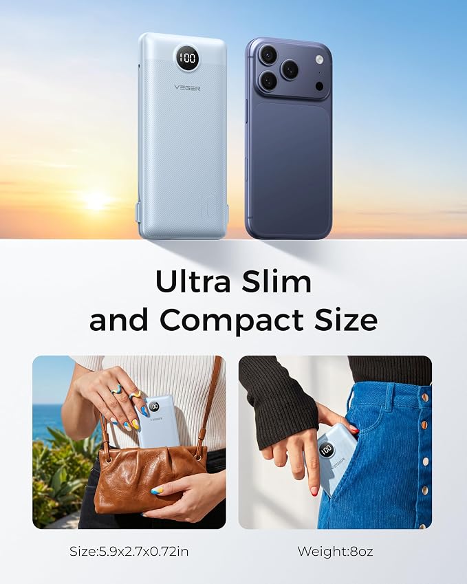 VEGER Portable Charger Power Bank with Built-in AC Plug and Cables, All in One 10000mAh Ultra Slim Travel Essentials, Fast Charging Battery Pack Compatible with iPhone, Samsung, Android (Blue)