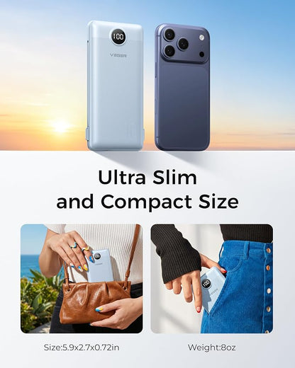 VEGER Portable Charger Power Bank with Built-in AC Plug and Cables, All in One 10000mAh Ultra Slim Travel Essentials, Fast Charging Battery Pack Compatible with iPhone, Samsung, Android (Blue)