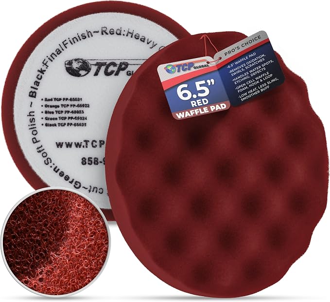 TCP Global 6.5" Red Waffle Foam Buffing Pad Hook and Loop Backing - Heavy Cut Pad for Polishing, Automotive, Marine, Truck, RV & Compound Cutting, Car Polishing Pads