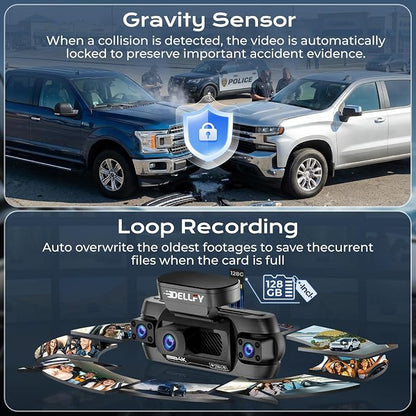 4 Channel Dash Cam, 4K Front Rear and Inside Dash Camera for Cars, 360° View, Free 128GB Card Included, 5GHz WiFi, GPS, APP Control, 24/7 Parking Mode, 8 IR Night Vision Lights, G-Sensor