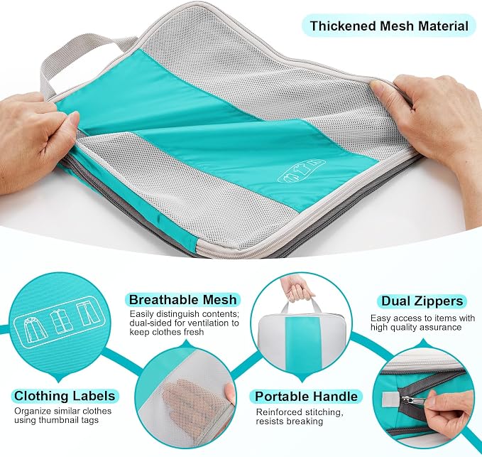 OlarHike 10-Pack Compression Packing Cubes for Travel Essentials,Compressible Expandable Packing Cubes for Suitcase,Luggage Garment Bags for Travel,Handy Helper for Organizing Clothes(Blue Green)