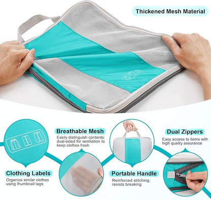 OlarHike 10-Pack Compression Packing Cubes for Travel Essentials,Compressible Expandable Packing Cubes for Suitcase,Luggage Garment Bags for Travel,Handy Helper for Organizing Clothes(Blue Green)