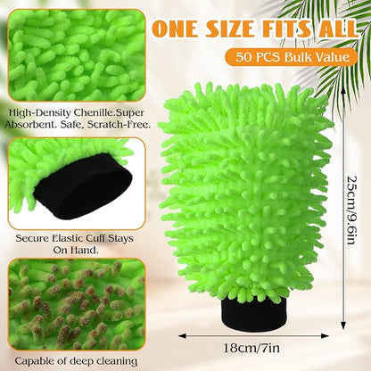 50 Pcs Car Wash Mitt Microfiber Chenille Absorbent Detailing Washing Gloves Double Sided Cleaning Supplies for Car Washing and Detailing 9.6" x 7.1", Green