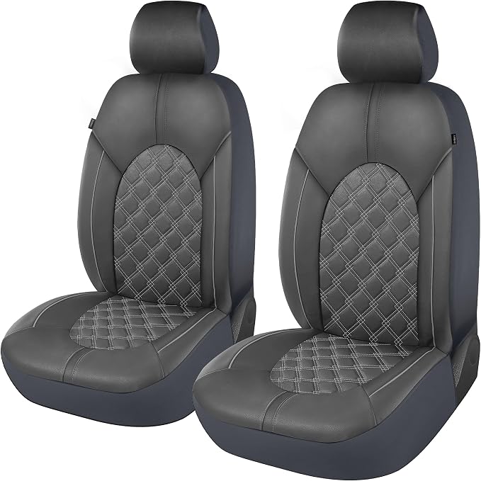 CAROMOP Luxury PU Leather Car Seat Covers Front Set - Anti-Stain Waterproof Automotive Seat Covers for Cars - Universal Car Interior Covers Seat Protectors for Sedans SUVs Pick-up Trucks (Gray)