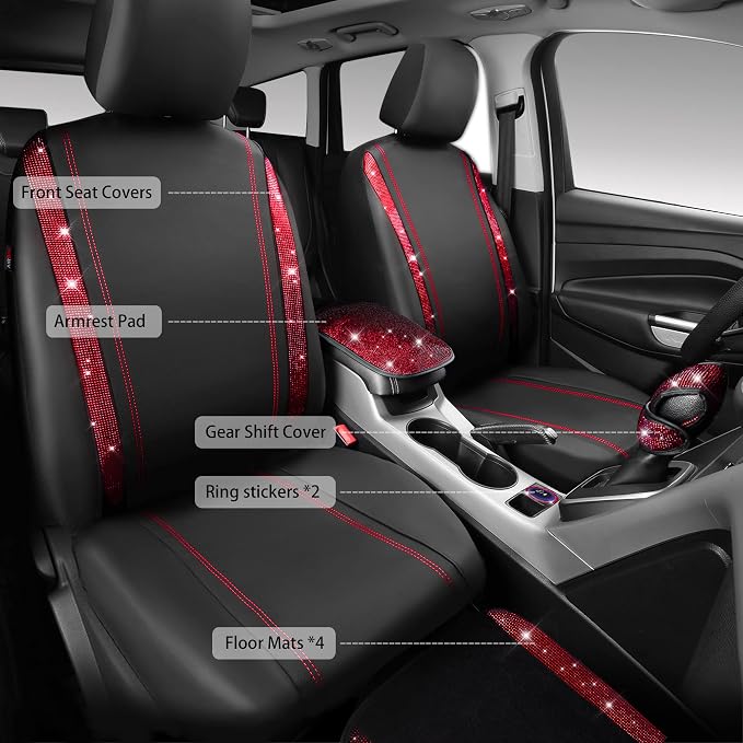 CAR PASS Rhinestone Red Bling Diamond Car Seat Covers Leather Black & Shining Car Floor mats Carpet with Anti-Slip Nibs& Bling Diamond Car Accessories Sets Glitter Sparkly Universal fit for 95% car