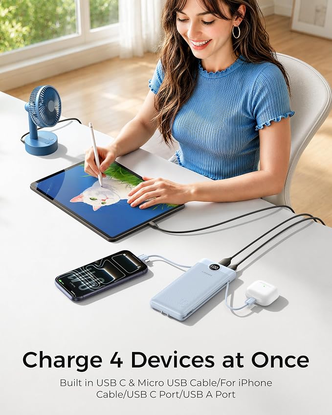 VEGER Portable Charger Power Bank with Built-in AC Plug and Cables, All in One 10000mAh Ultra Slim Travel Essentials, Fast Charging Battery Pack Compatible with iPhone, Samsung, Android (Blue)