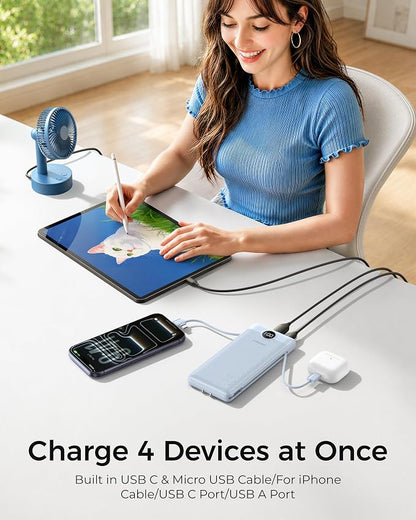 VEGER Portable Charger Power Bank with Built-in AC Plug and Cables, All in One 10000mAh Ultra Slim Travel Essentials, Fast Charging Battery Pack Compatible with iPhone, Samsung, Android (Blue)