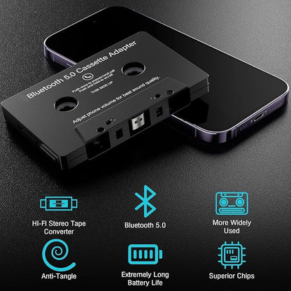 Car Audio Bluetooth 5.0 Cassette Receiver, Cassette Bluetooth Adapter for Car Tape Player, Wireless Cassette Aux Adapter with Hands-Free Calling, Universal Compatibility for Smartphones, Tablets