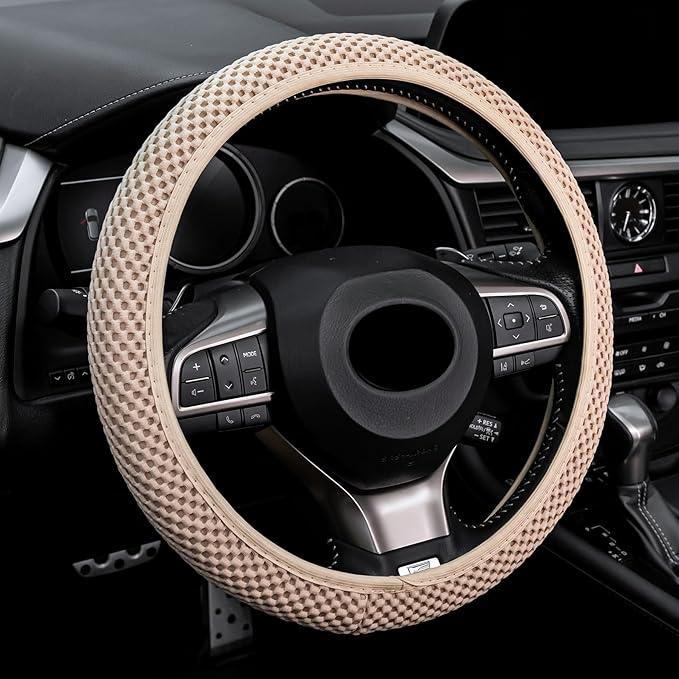 Alpmosn Elastic Stretch Steering Wheel Cover, Breathable Microfiber Ice Silk, Anti-Slip, Car Interior Accessories Fits for 14"-15" Steering Wheel Covers for Women & Men(Beige)