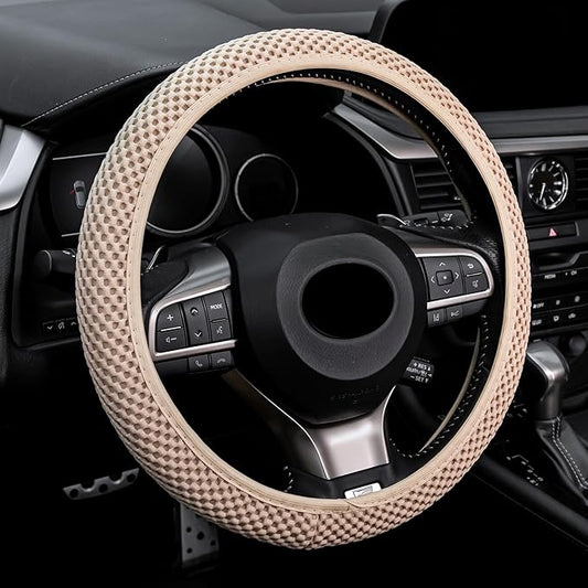 Alpmosn Elastic Stretch Steering Wheel Cover, Breathable Microfiber Ice Silk, Anti-Slip, Car Interior Accessories Fits for 14"-15" Steering Wheel Covers for Women & Men(Beige)
