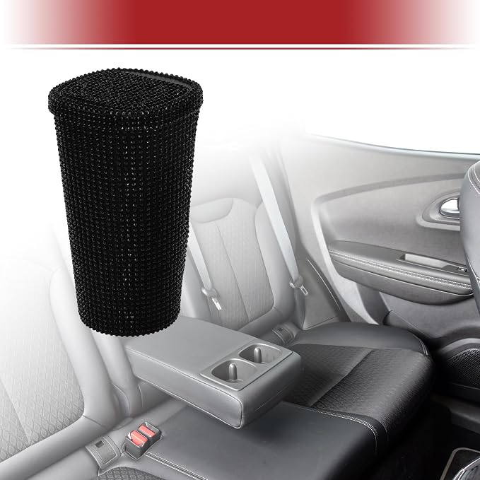 ACROPIX Car Trash Can Trash Bin Rhinestones Portable 3.5" Length 3.5" Width 6.3" Height Black Rhinestone Plastic