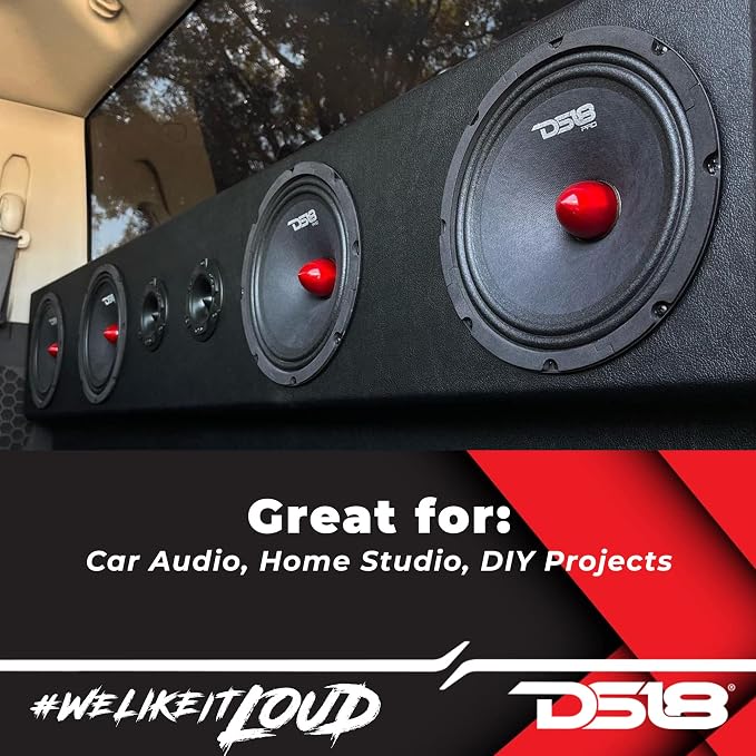 DS18 PRO-GM8.4B Loudspeaker - 8", Midrange, Red Aluminum Bullet, 580W Max, 4 Ohms,1.5" Kapton VC, Premium Quality Audio Door Speakers for Car or Truck Stereo Sound System (1 Speaker)