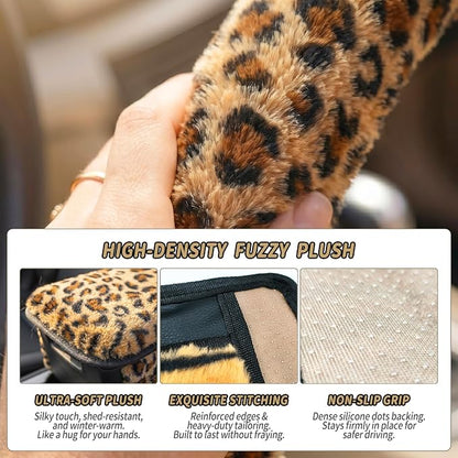 5 Pcs Fuzzy Animal Print Car Accessories Set, Soft Fluffy Plush Steering Wheel Cover, Center Console Armrest Pad & Rearview Mirror Cover - Interior Decorations for Women,Universal Fit (Leopard Print)
