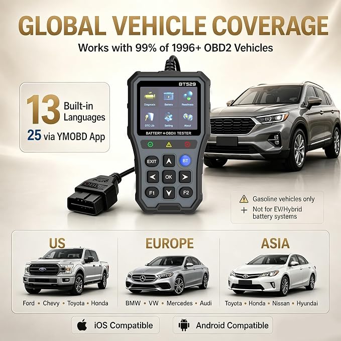 NOVEINN Bluetooth OBD2 Scanner, 2-in-1 Check Engine Code Reader & 12V Car Battery Tester, Diagnostic Scan Tool with EVAP Test, Performance & Trip Analysis, for 1996+ Cars & Trucks