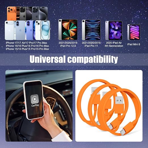 3-Pack Orange [3.3FT+3.3FT+6FT] USB A to USB C Cable，USB to USB C Cable，Car Carplay Cable for iPhone 17 16 15 Pro Plus Pro Max Air，for Galaxy S25, for iPad, for MacBook and More