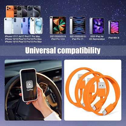3-Pack Orange [3.3FT+3.3FT+6FT] USB A to USB C Cable，USB to USB C Cable，Car Carplay Cable for iPhone 17 16 15 Pro Plus Pro Max Air，for Galaxy S25, for iPad, for MacBook and More