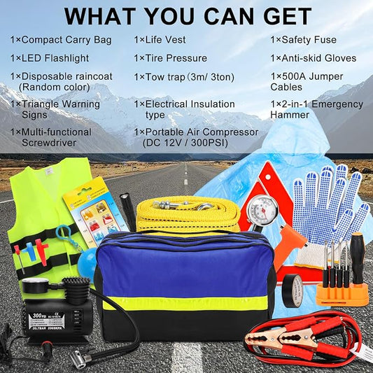 Car Safety Kit,14-Piece Roadside Emergency Car Kit,Vehicle Emergency Kit with Jumper Cables,Car Emergency Kit with Portable Air Compressor Tow Trap for Travel Camping,Car Kit Essentials