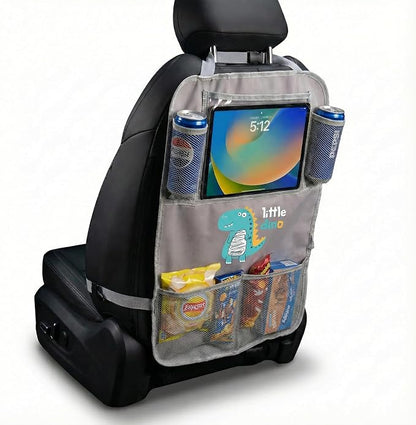 Backseat Car Organizer for Kids, Car Seat Organizer with 11” Touch Screen Tablet Holder, Rear Seat Storage Bag with Drink Pockets, Anti-Kick Seat Back Protector for Travel (Gray Dinosaur)