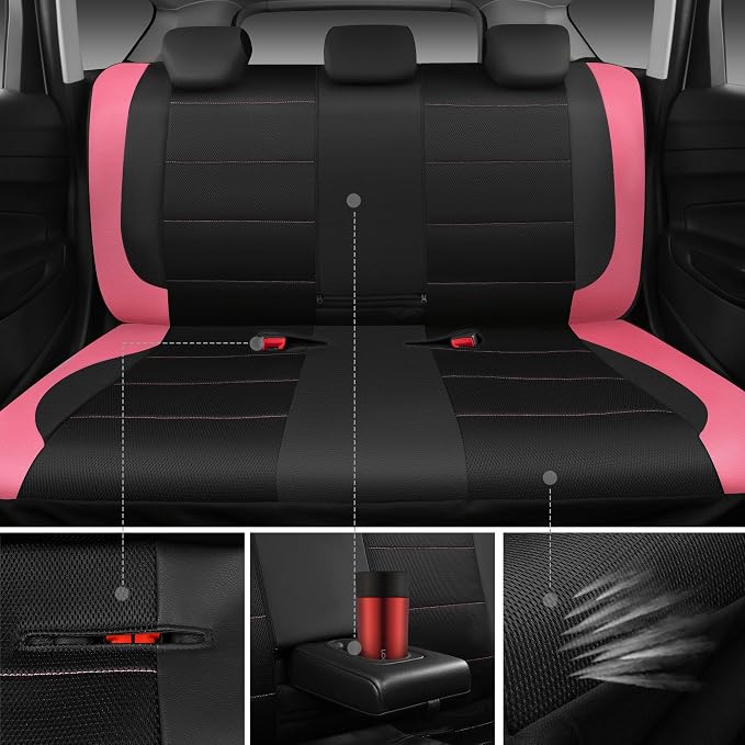 CAR PASS Leather Seat Covers, Breathable Universal Car Seat Cover Full Set for Cute Women Girly,Super 5mm Composite Sponge Inside,Airbag Compatible fits Most Auto,SUVs,Trucks,Vans(Black&Pink)