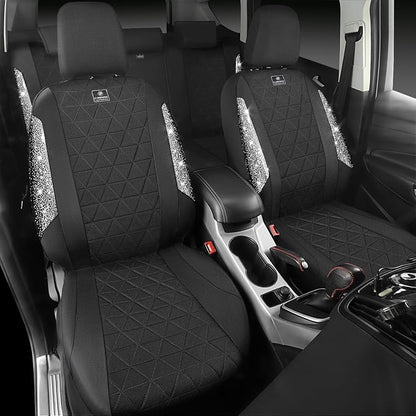 CAR PASS Oxford Bling Diamond Car Seat Covers 2 Front Interior Sets, Waterproof Shining Glitter Sparkly Crystal Universal Armrest Fit 95% Automotive Truck SUV Cute Women Girl, Black Silver Rhinestone