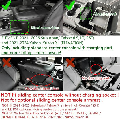 EDBETOS Center Console Organizer for 2021-2026 Chevy Tahoe/Suburban and 2021-2024 GMC Yukon, Fit Standard Console with Charging Socket Only, NOT for Power Sliding Console. Won't Block Original Tray