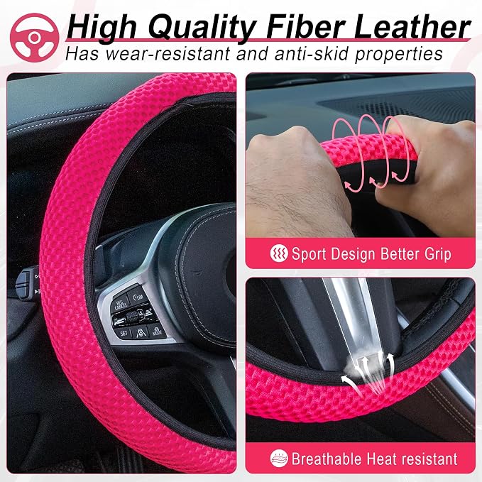 Alpmosn Elastic Stretch Steering Wheel Cover, Universal Interior Accessories Steering Wheel Cover for Women & Men, Breathable Microfiber Ice Silk, Anti-Slip, Odorless, Easy Carry(Rose Red)