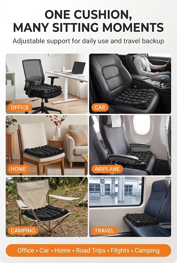 Inflatable Travel Seat Cushion with Built‑in Manual Pump, Adjustable Firmness & Compact Storage –Firm Support for Airplane, Car & Office Chairs, Large Generous Fit 18x16x2.1", Carry Bag Included