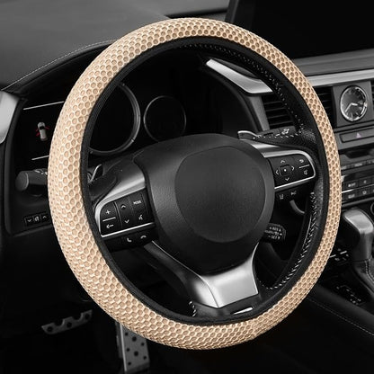 Alpmosn Elastic Stretch Steering Wheel Cover, Breathable Microfiber Ice Silk, Anti-Slip, Car Interior Accessories Fits for 14"-15" Steering Wheel Covers for Women & Men(Beige)