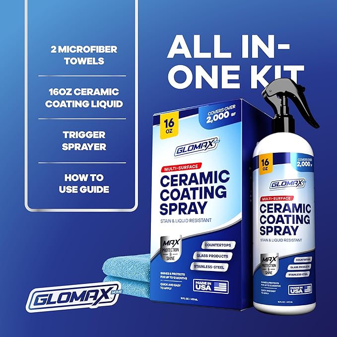 Home Ceramic Coating Spray Kit (16 oz) - Shine, Seal & Protect Stainless Steal, Glass, Kitchen & Bath Surfaces - Extremely Hydrophobic - Repels Stains & Grime - Includes 2 Micro Fiber Towels