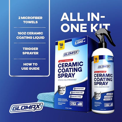 Home Ceramic Coating Spray Kit (16 oz) - Shine, Seal & Protect Stainless Steal, Glass, Kitchen & Bath Surfaces - Extremely Hydrophobic - Repels Stains & Grime - Includes 2 Micro Fiber Towels