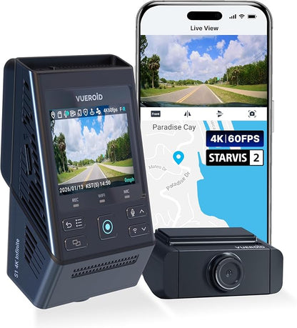 S1 4K Infinite 2 Channel Dash Cam Front and Rear Car Camera, 4K, 2.5K Dash Camera for Cars, STARVIS 2, Night Vision, 24/7 Parking Mode, 5G WiFi GPS, Car Surveillance Camera