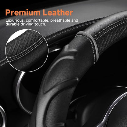 West Llama Carbon Fiber Leather Steering Wheel Cover with Anti-Slip Grip, 3D Textured Design, 14.5-15 Inch Car Steering Wheel Cover, Durable Interior Accessory (Standard Size-Black+Gray)