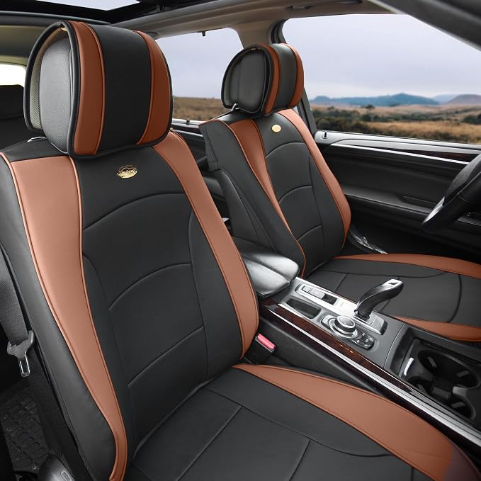 FH Group Ultra Comfort Highest Grade Faux Leather Full Set Cushion Pads Car Seat Covers for Front and Rear– Universal Fit for Cars Trucks & SUVs (Brown/Black)