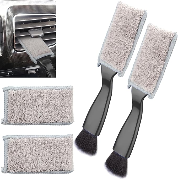 BFXM 2PCS Double Head Brush for Car Clean, Car Accessories Universal 2 in 1 Car Detailing Brush, Double Ended Portable Dust Brush with 4 Cleaning Cloth, for Air Conditioner Outlets, Dashboard Screen