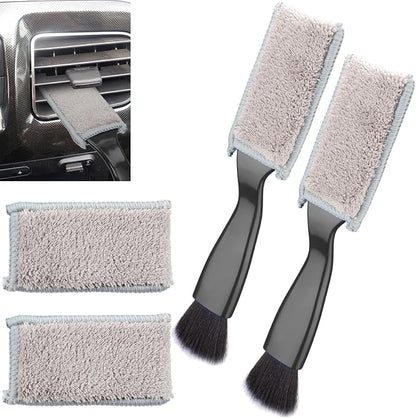 BFXM 2PCS Double Head Brush for Car Clean, Car Accessories Universal 2 in 1 Car Detailing Brush, Double Ended Portable Dust Brush with 4 Cleaning Cloth, for Air Conditioner Outlets, Dashboard Screen